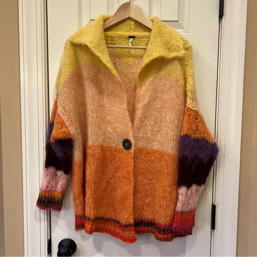 Free People Rainbow Daydream Tunic Cardi Sunset Mohair Alpaca Wool Cardigan XS/S